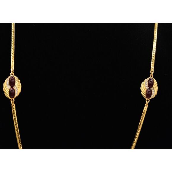 Givenchy Vintage Cabochon Necklace Red Crystal Gold Station Signed NOS 80s Bin7B - Picture 2 of 12